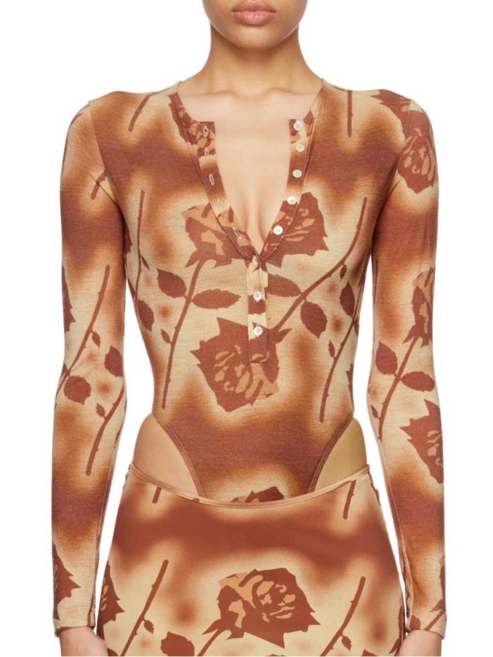 Like New Miaou Brown and Cream Floral Henley Bodysuit